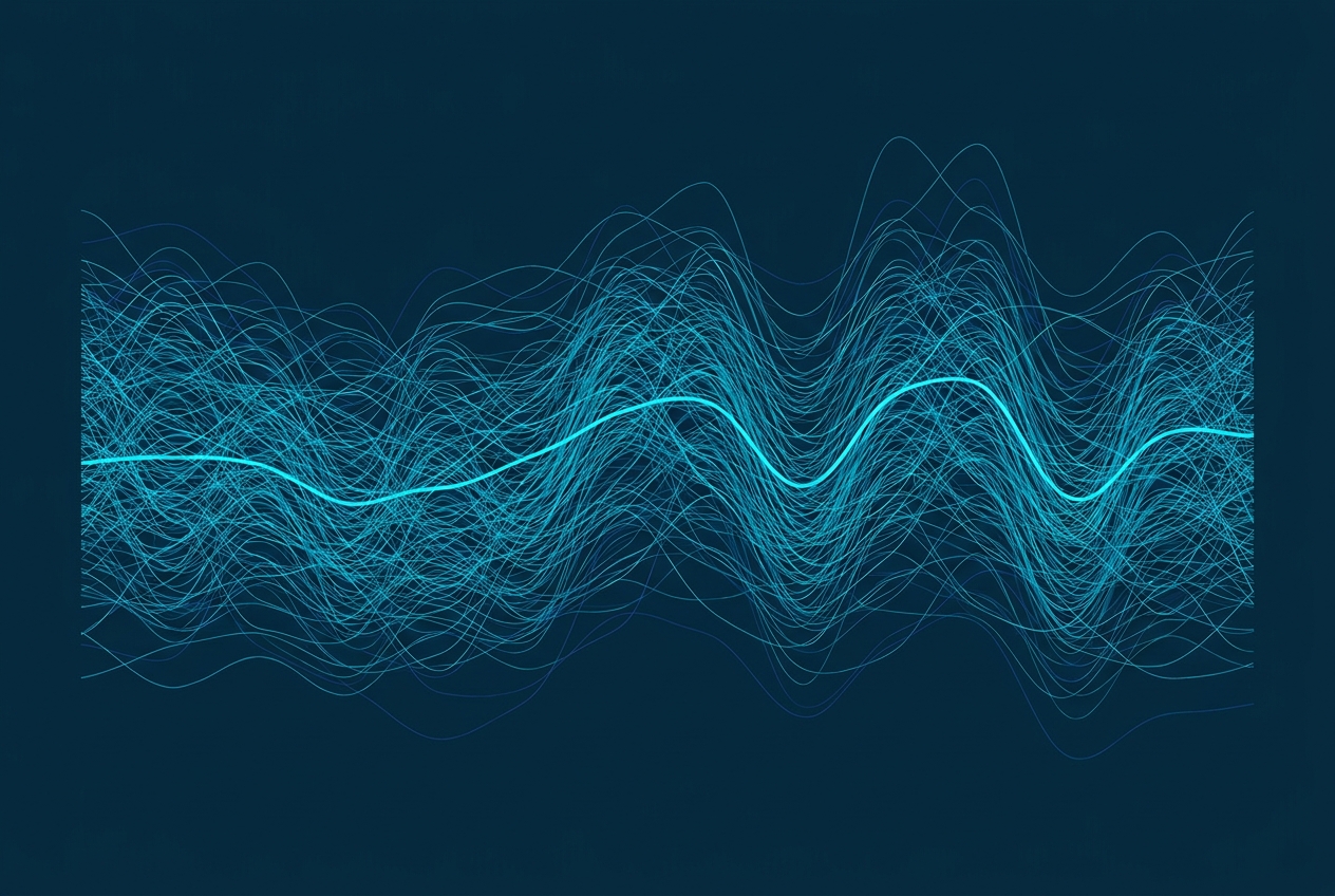 A dense, elegant multi-year line-chart illustration of vegetation-index history — many thin overlapping cyan and navy lines with subtle year-to-year variance, one line highlighted in a brighter cyan, suggesting a deep, continuous historical record.
